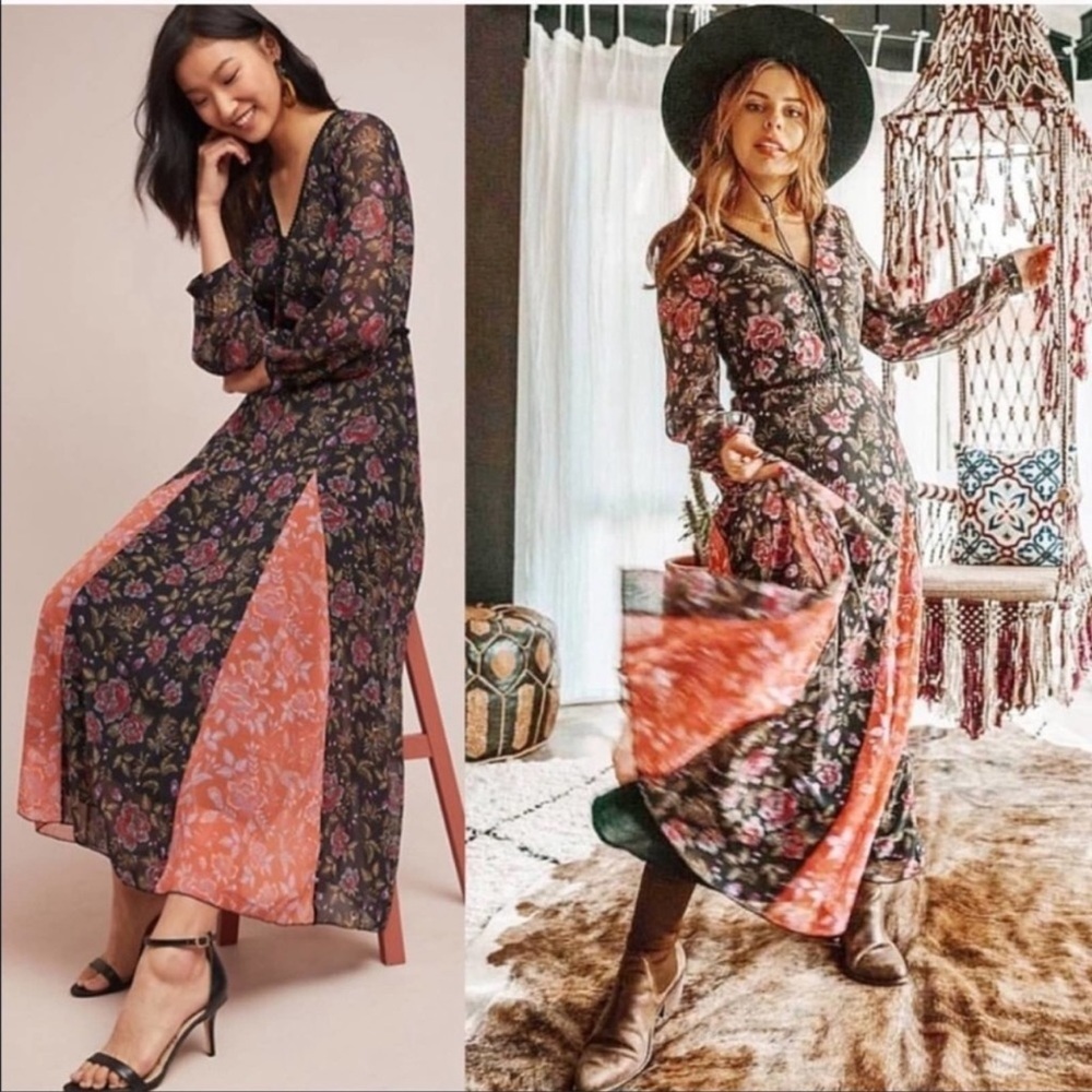 NWT Anthropologie LAIA Ines Floral Contrast Boho Maxi Dress